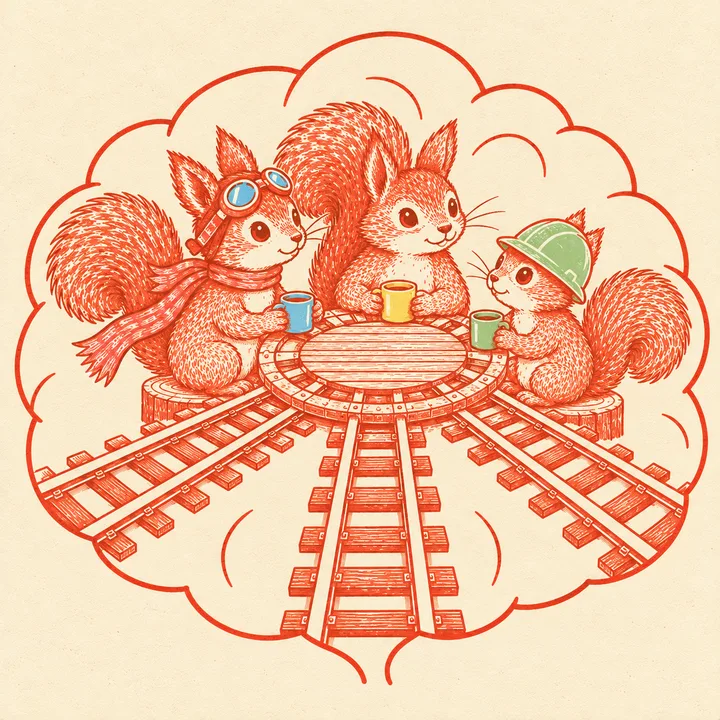 Three squirrels sit around a round crossing where all their tracks meet, like a kitchen table.