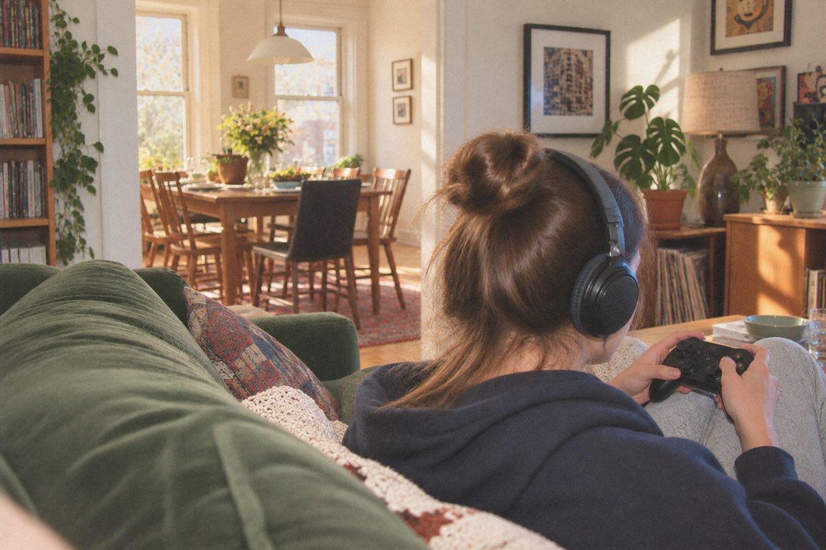 A teenage girl gaming on the sofa at lunchtime, the table set in the next room
