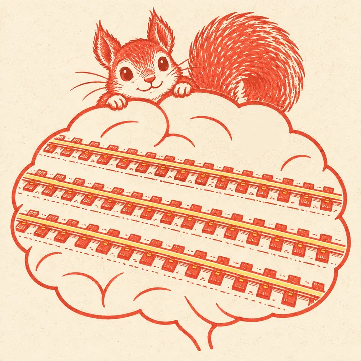 A squirrel peeks over a brain full of straight, parallel train tracks.