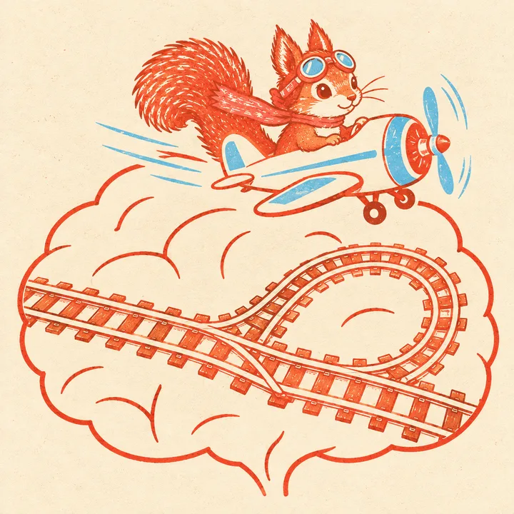 A squirrel in goggles flies a little plane over a brain where one track loops off and comes back.