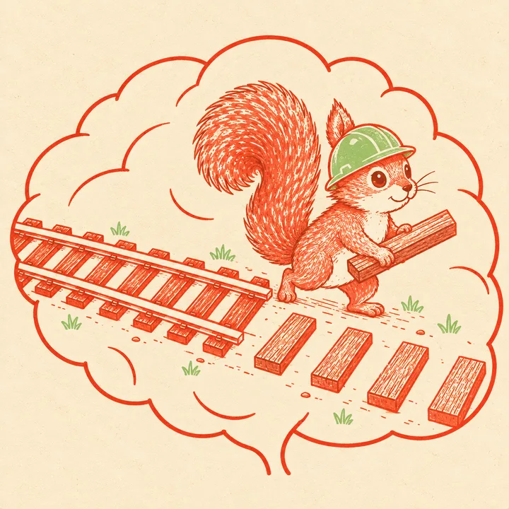 A young squirrel in a hard hat carries a railway tie to finish a track that isn't built yet.